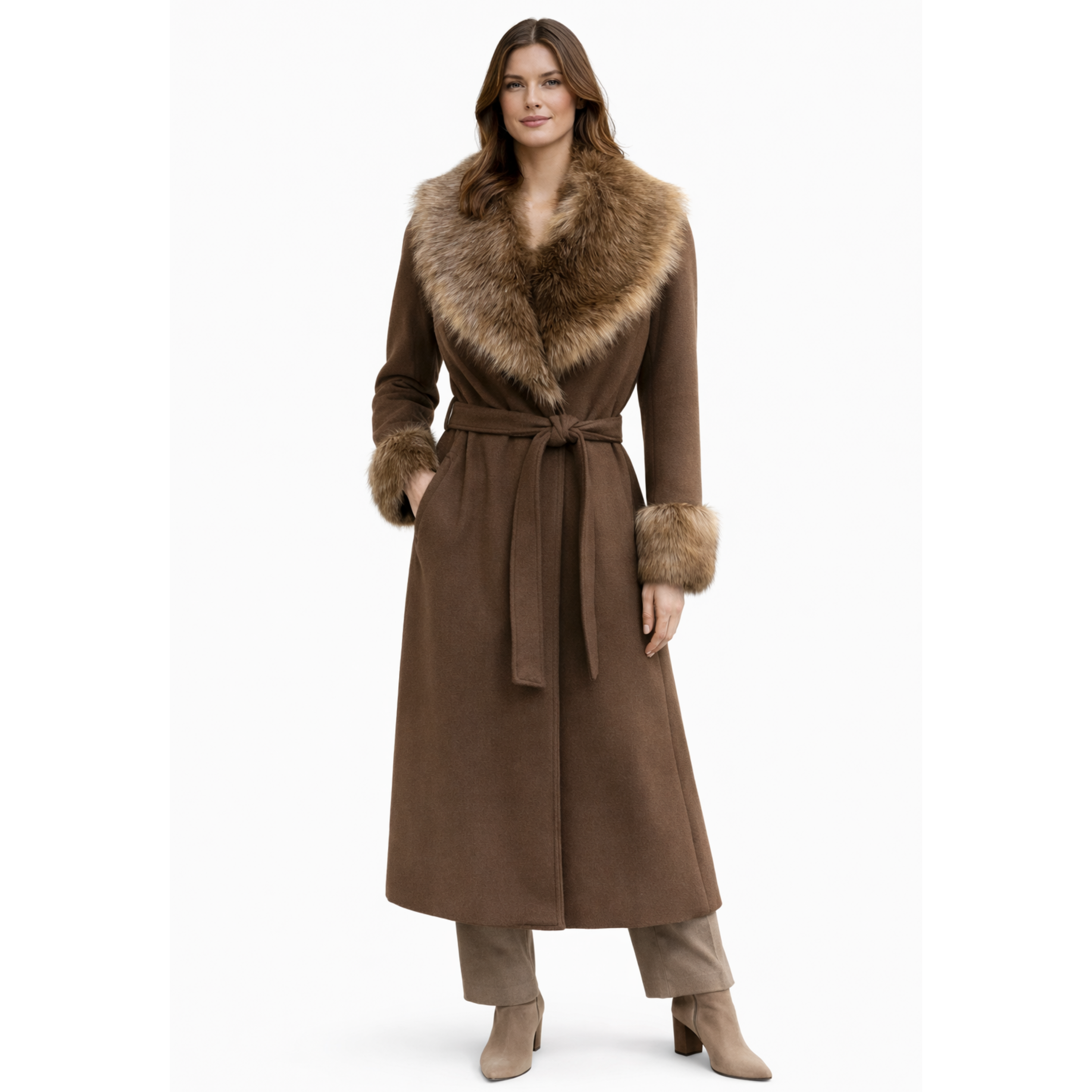 Cappotto lungo in tessuto con bordo in pelliccia