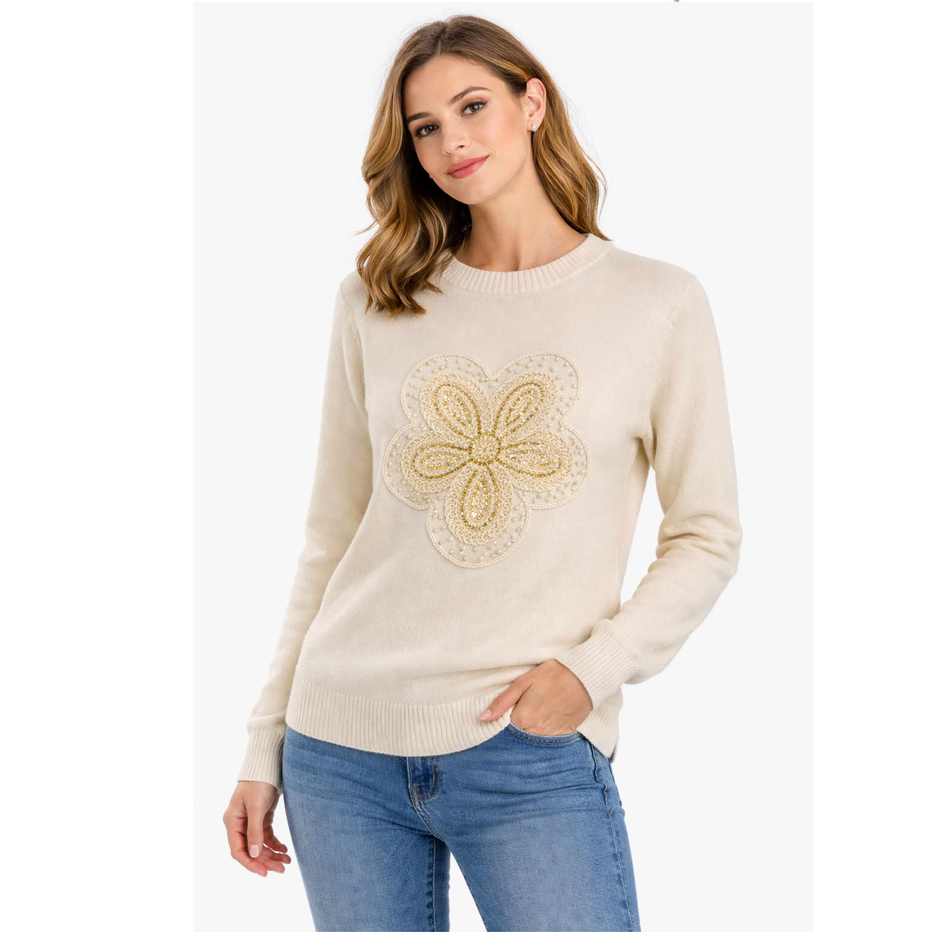 Maglione beige con ricamo floreale