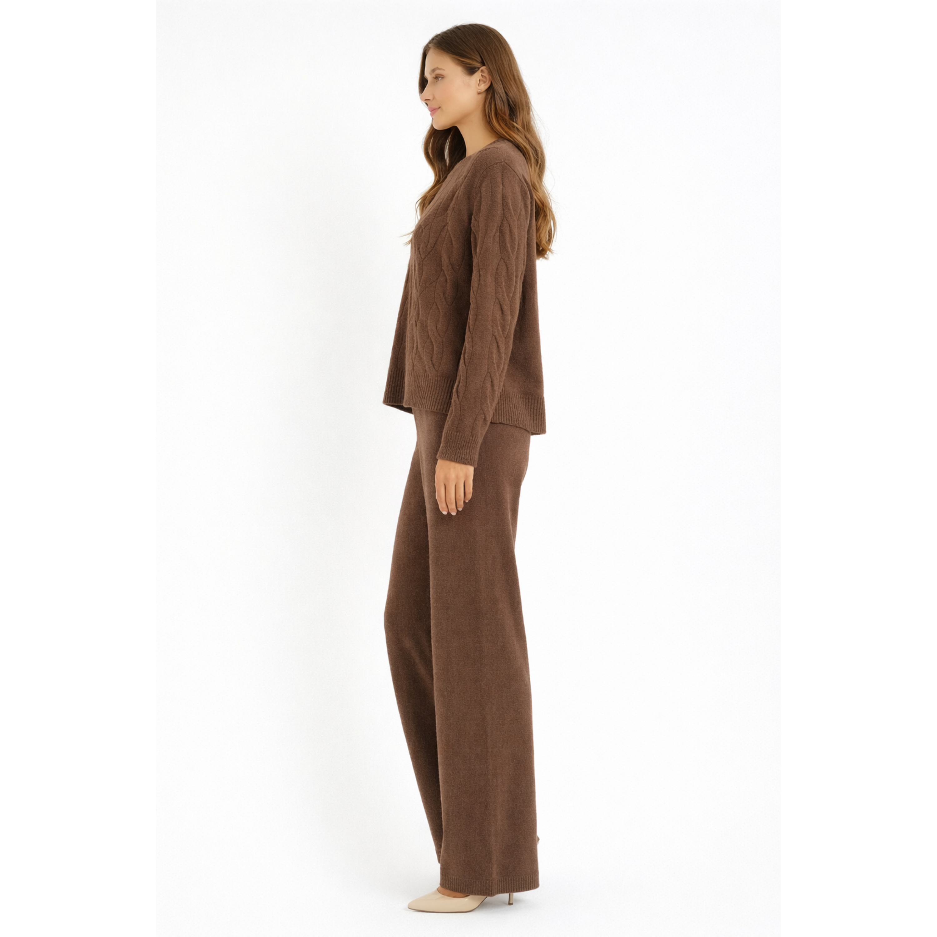 Women's brown knit sweater and wide-leg pants set