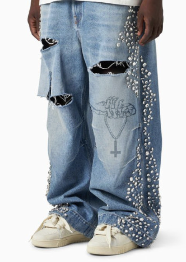 Embellished Distressed Denim Jeans