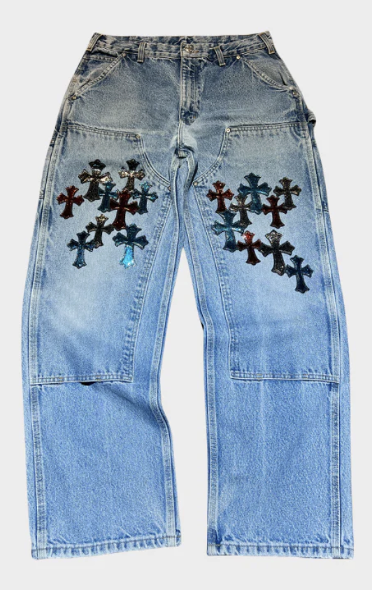Embroidered Cross Patch Denim Jeans