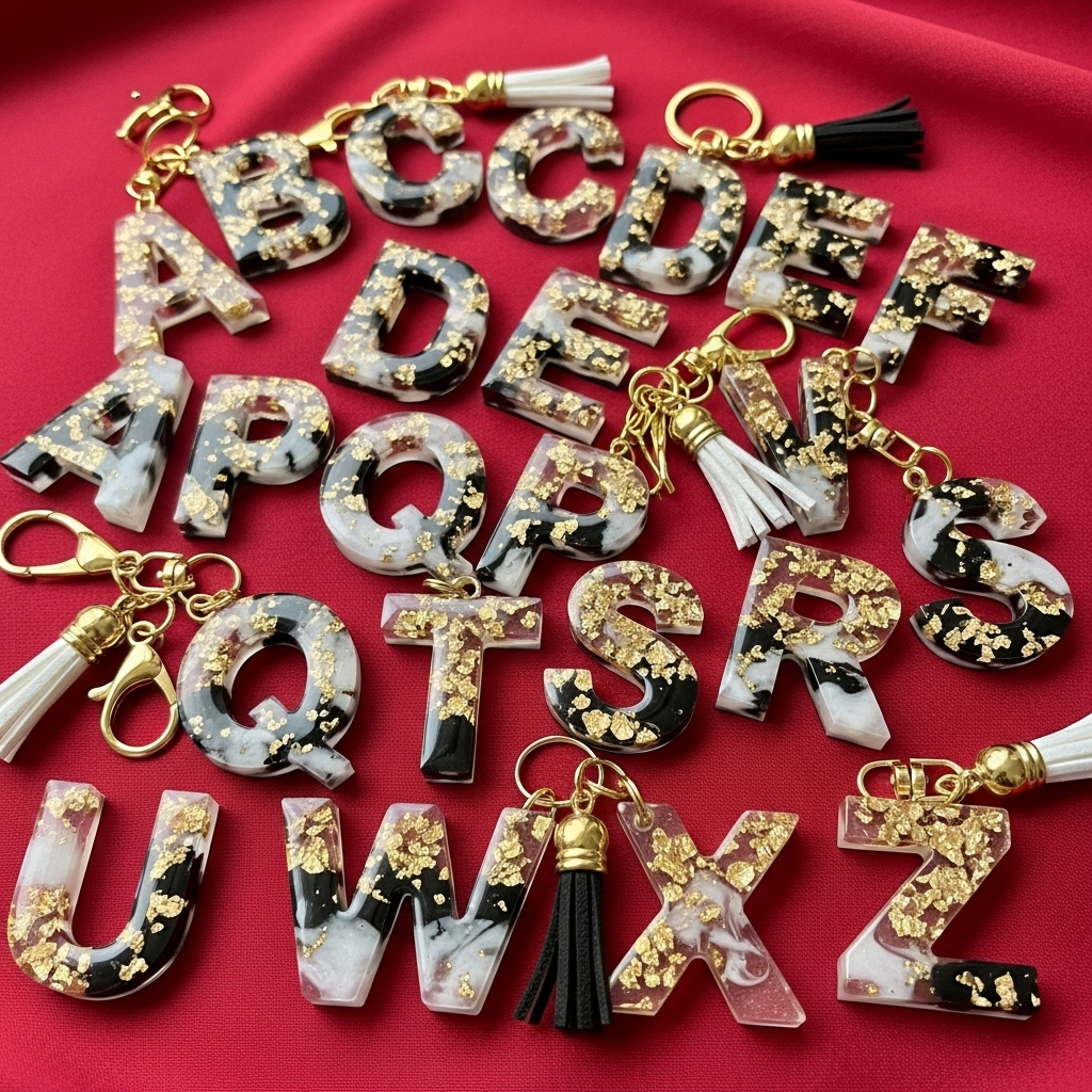 Colorful Alphabet Resin Keychains with Gold Flakes