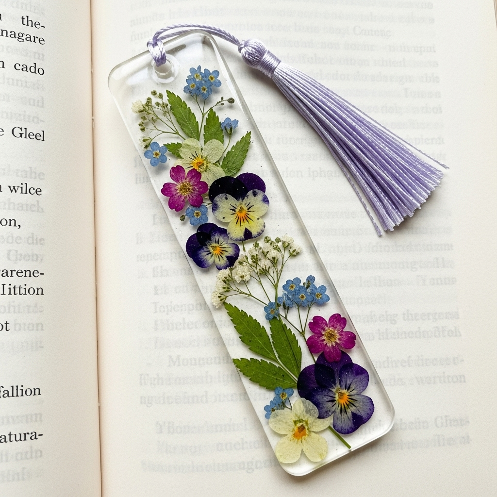 Pressed Flower Resin Bookmark with Lavender Tassel