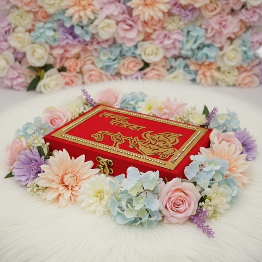 Elegant Red Velvet Lagna Patrika/Shubh Vivah Invitation Box with Golden Ganesha Motif