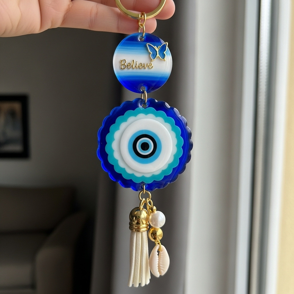 “Believe” Evil Eye Protection Keychain with Tassel & Charms