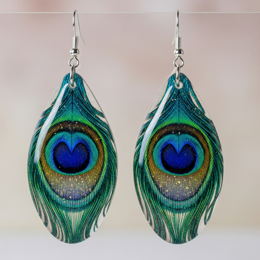 Peacock Feather Resin Teardrop Earrings