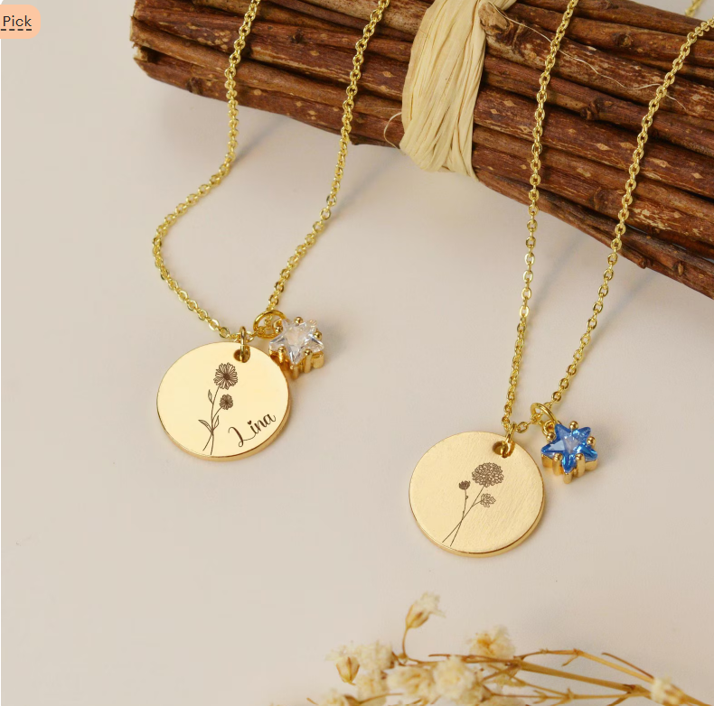 Star birthstone necklace with name & flower, personalized engraving name necklace, special gift for her