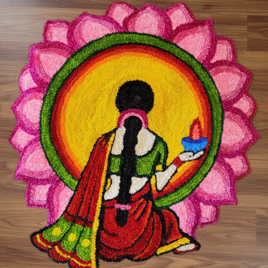 Figural Woman Holding Diya Fabric Rangoli Mat | Lotus-Framed Festival Floor Decor