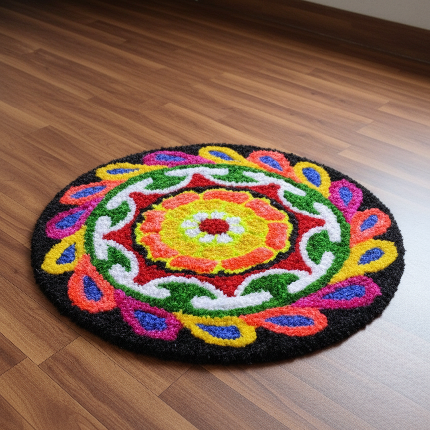 Vibrant, Multicolored Circular Fabric Rangoli Mat | Reusable Diwali & Festive Floor Decor