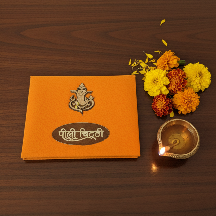 Auspicious Saffron/Yellow Pili Chitthi Wedding Document/Envelope with Silver Ganesha Motif