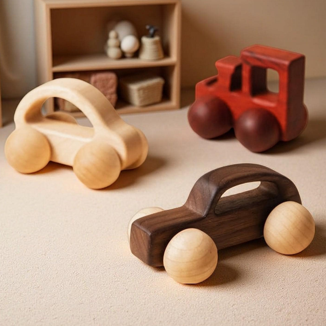 Mini Colorful Wooden Car Toy - Walnut Wood Montessori Early Learning Toy for Toddlers | Baby Push Car, Educational Blocks, Infant Gift