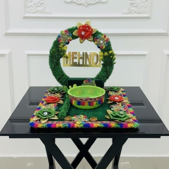 Vibrant Multicolored Mehendi Ceremony Platter with Grass Wreath & Acrylic Sign