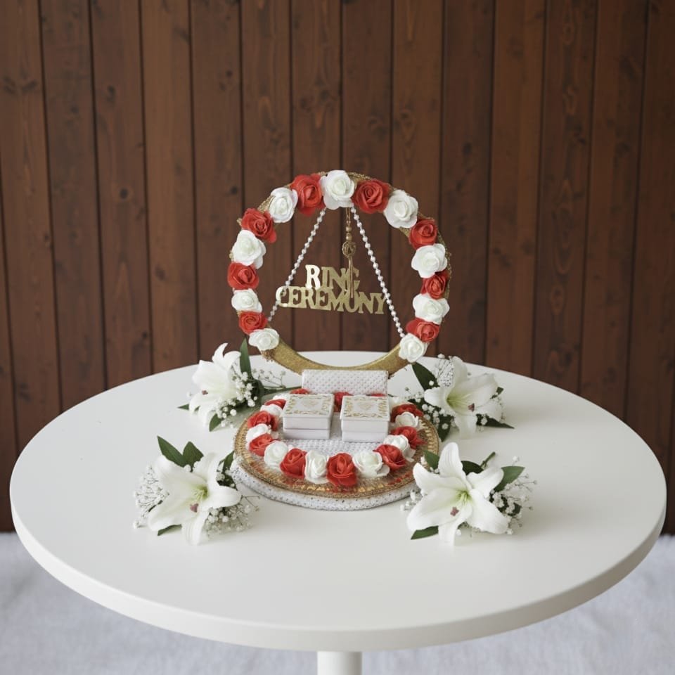 Elegant Red & White Floral Ring Ceremony Platter with "RING CEREMONY" Acrylic Sign