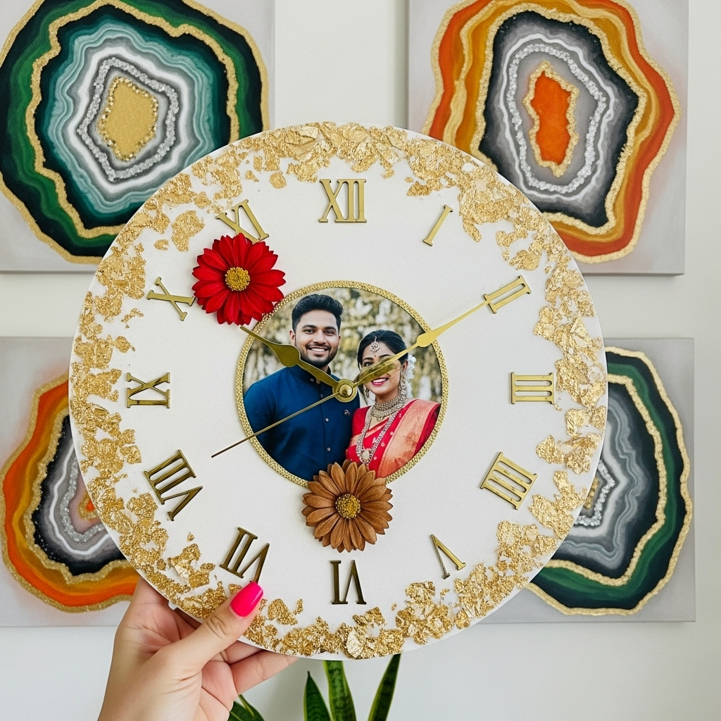 Personalized Resin Photo Wall Clock with Gold Detailing