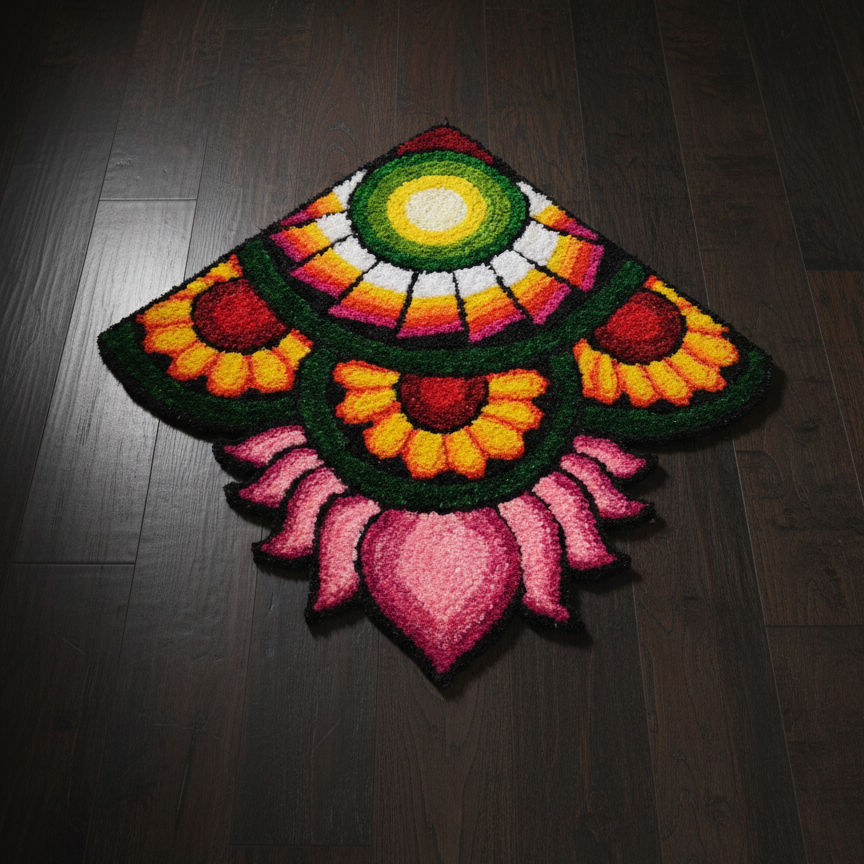 Traditional Multicolored Lotus & Floral Fabric Rangoli Mat | Reusable Corner/Center Floor Decor