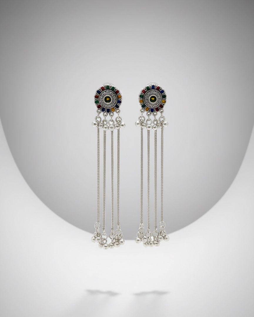 Voylla Mandala Oxidised Silver Tassels Earrings