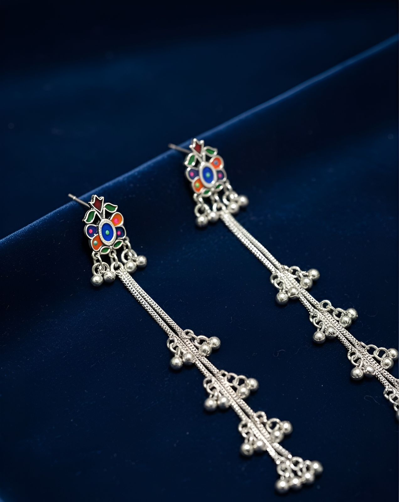 Oxidised Silver Long Kashmiri Earrings
