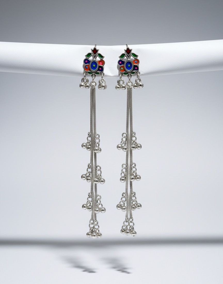 Oxidised Silver Long Kashmiri Earrings