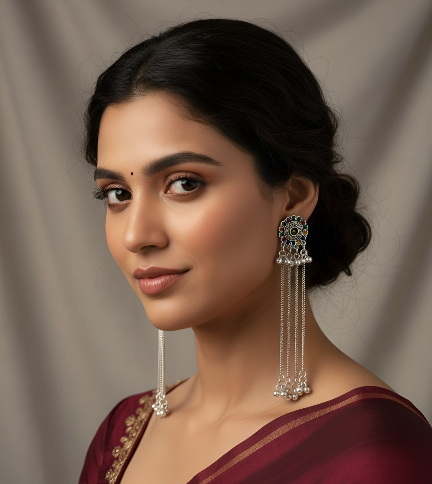 Voylla Mandala Oxidised Silver Tassels Earrings