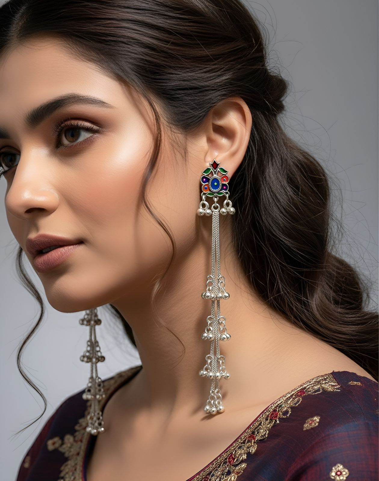 Oxidised Silver Long Kashmiri Earrings