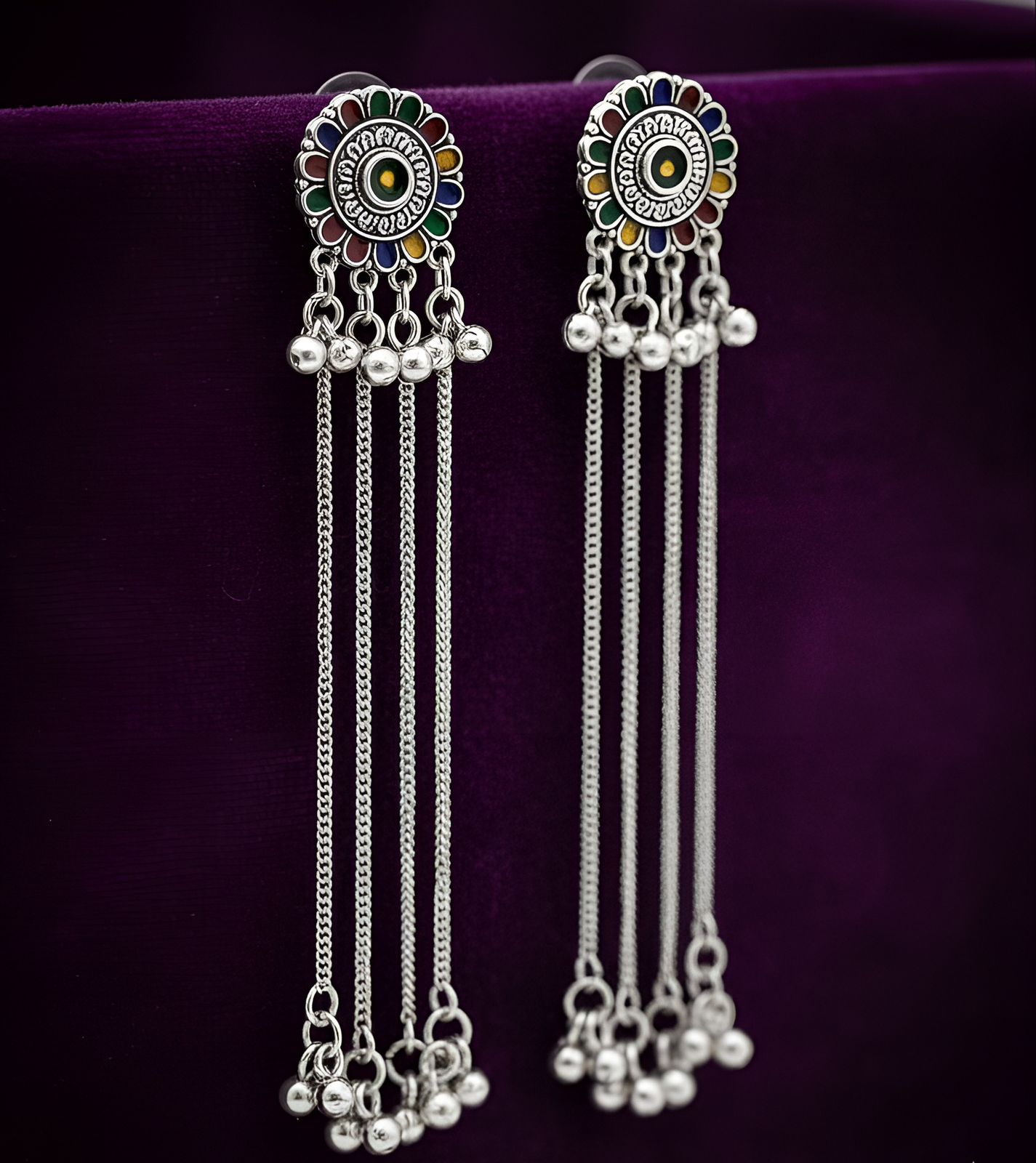Voylla Mandala Oxidised Silver Tassels Earrings