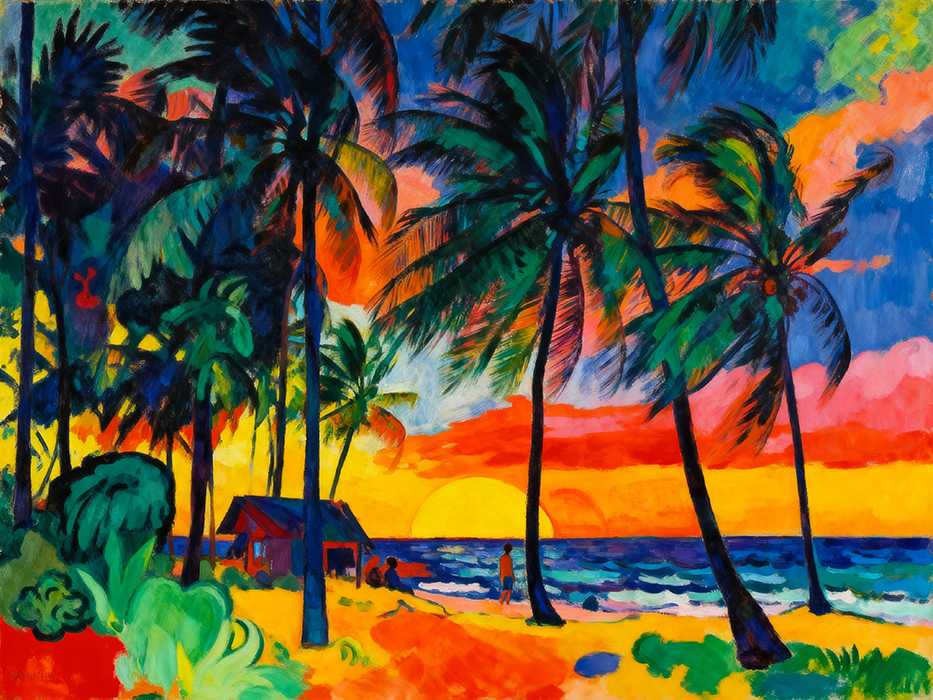 Peinture tropicale coucher de soleil