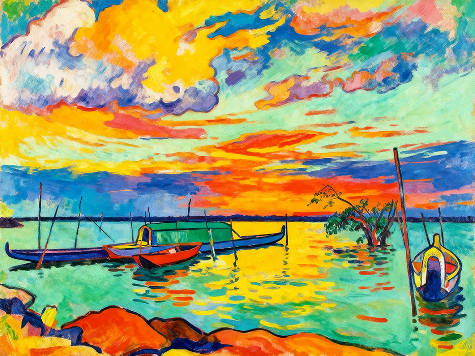 Tableau coloré de bateaux au coucher du soleil