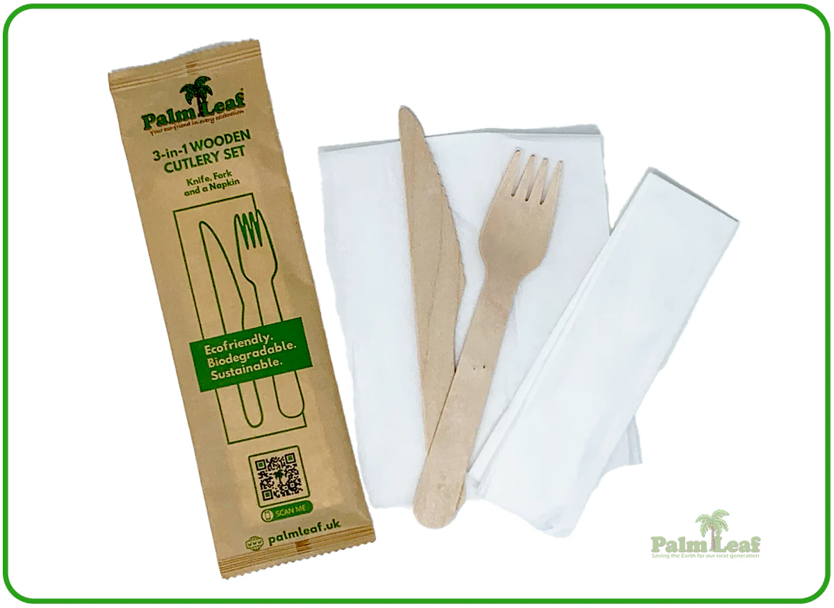 Palm Leaf 3-in-1 Wooden Cutlery Set