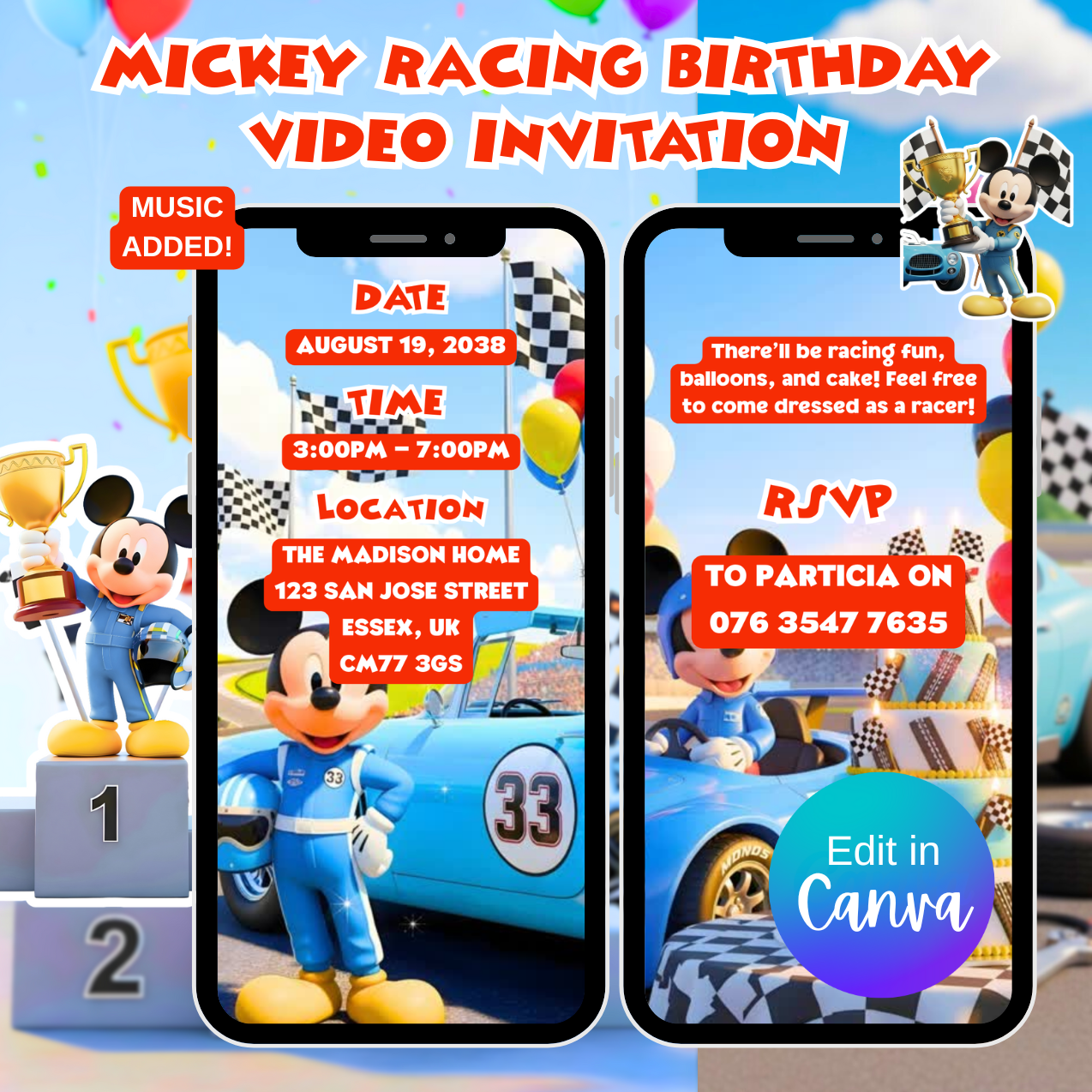 Mickey Racing Birthday Video Invitation