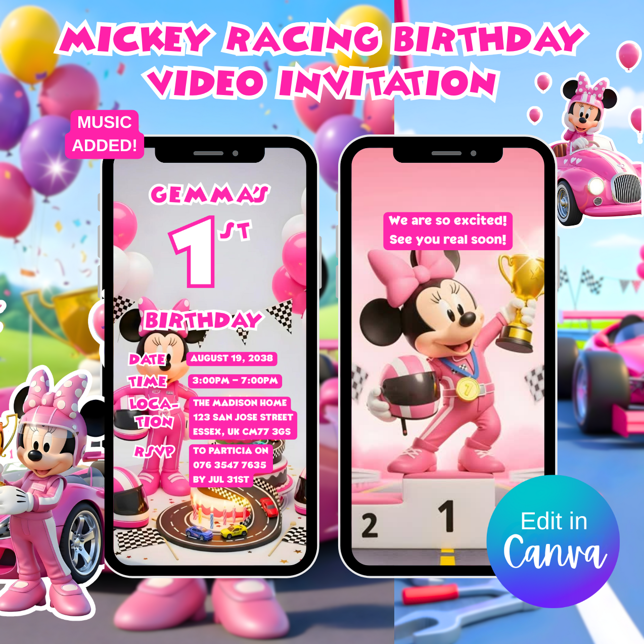 Pink Minnie Mouse Racing Birthday Video Invitation