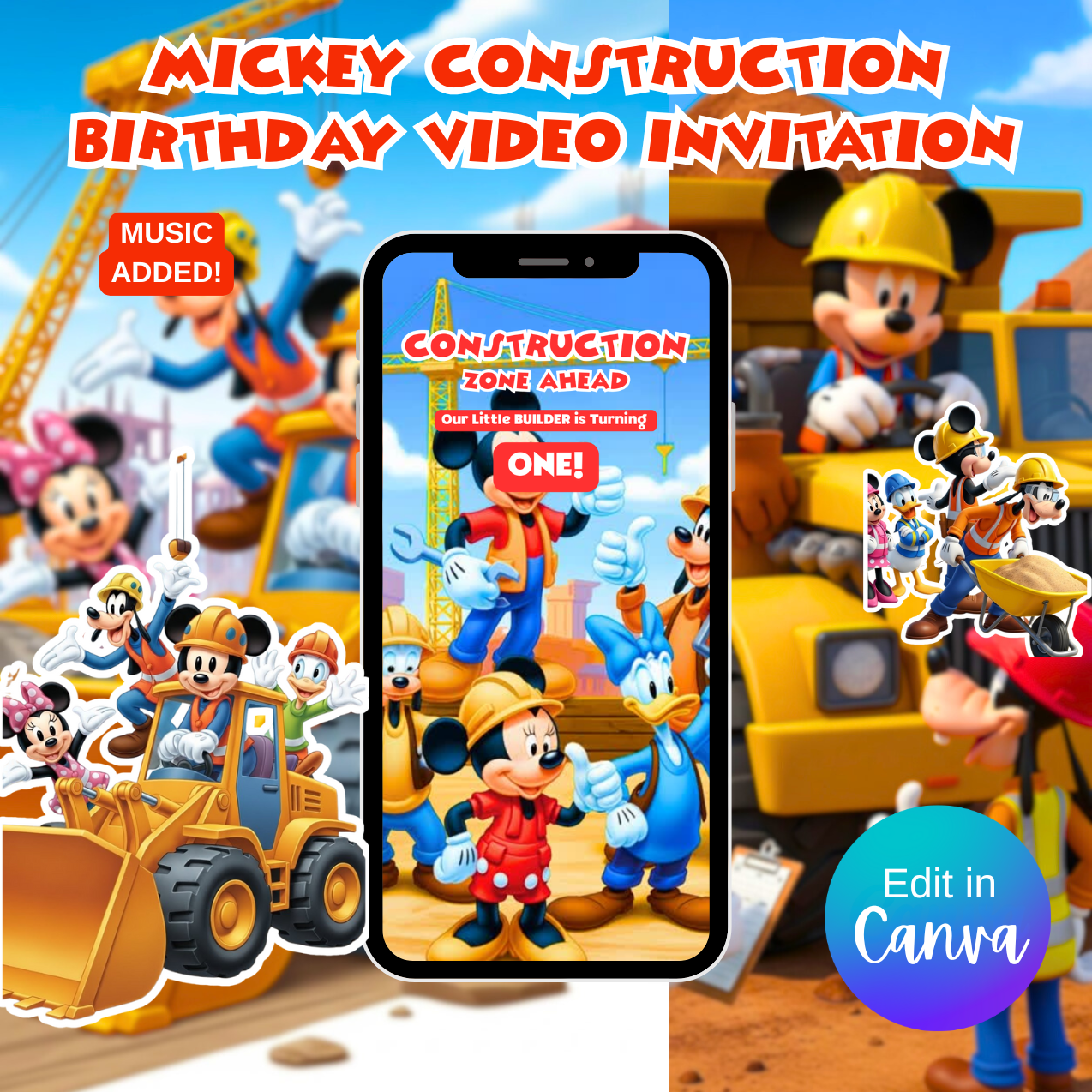 Mickey Construction Birthday Video Invitation