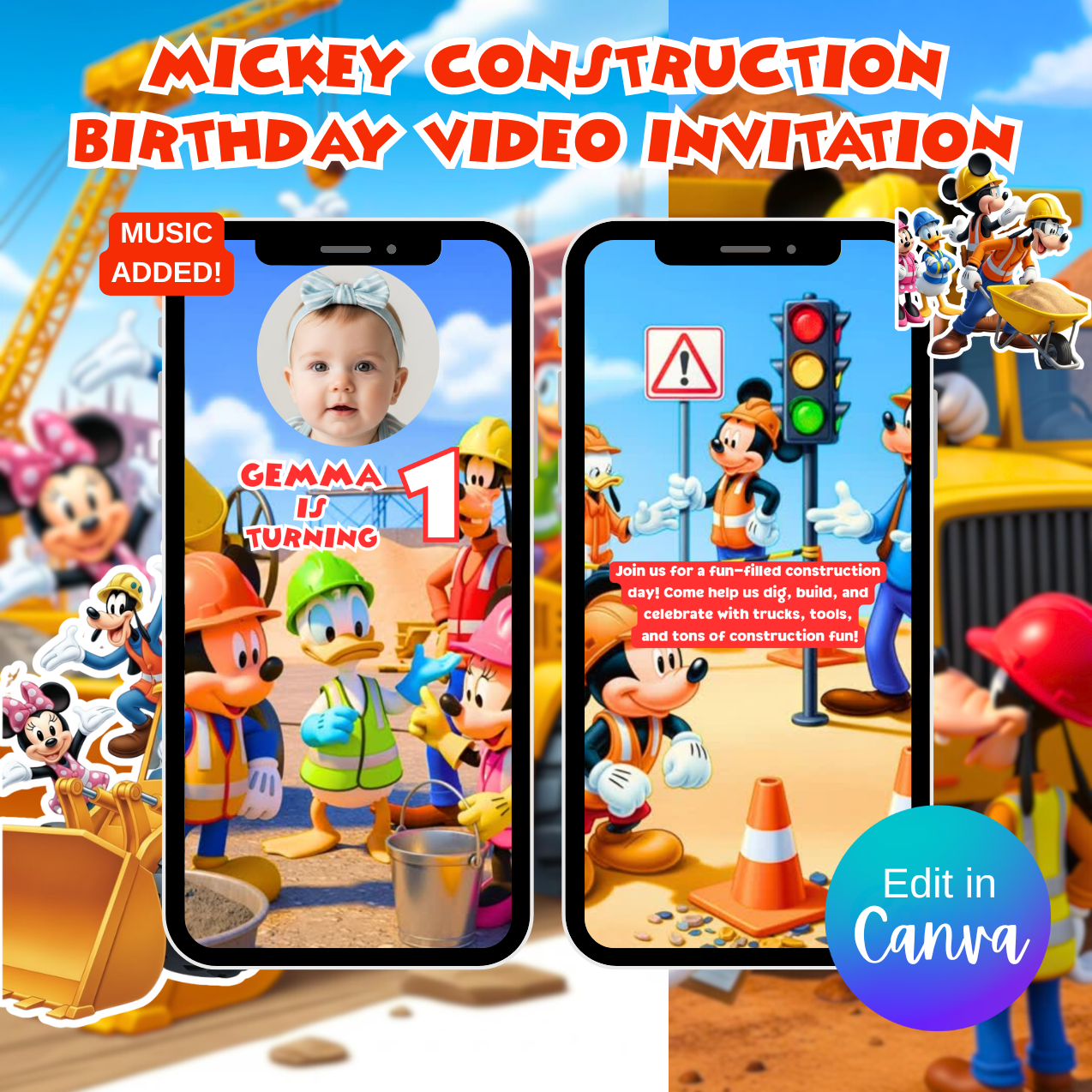 Mickey Construction Birthday Video Invitation