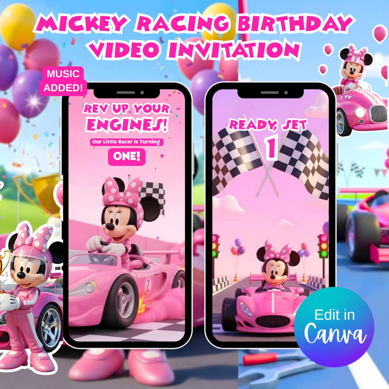 Pink Minnie Mouse Racing Birthday Video Invitation