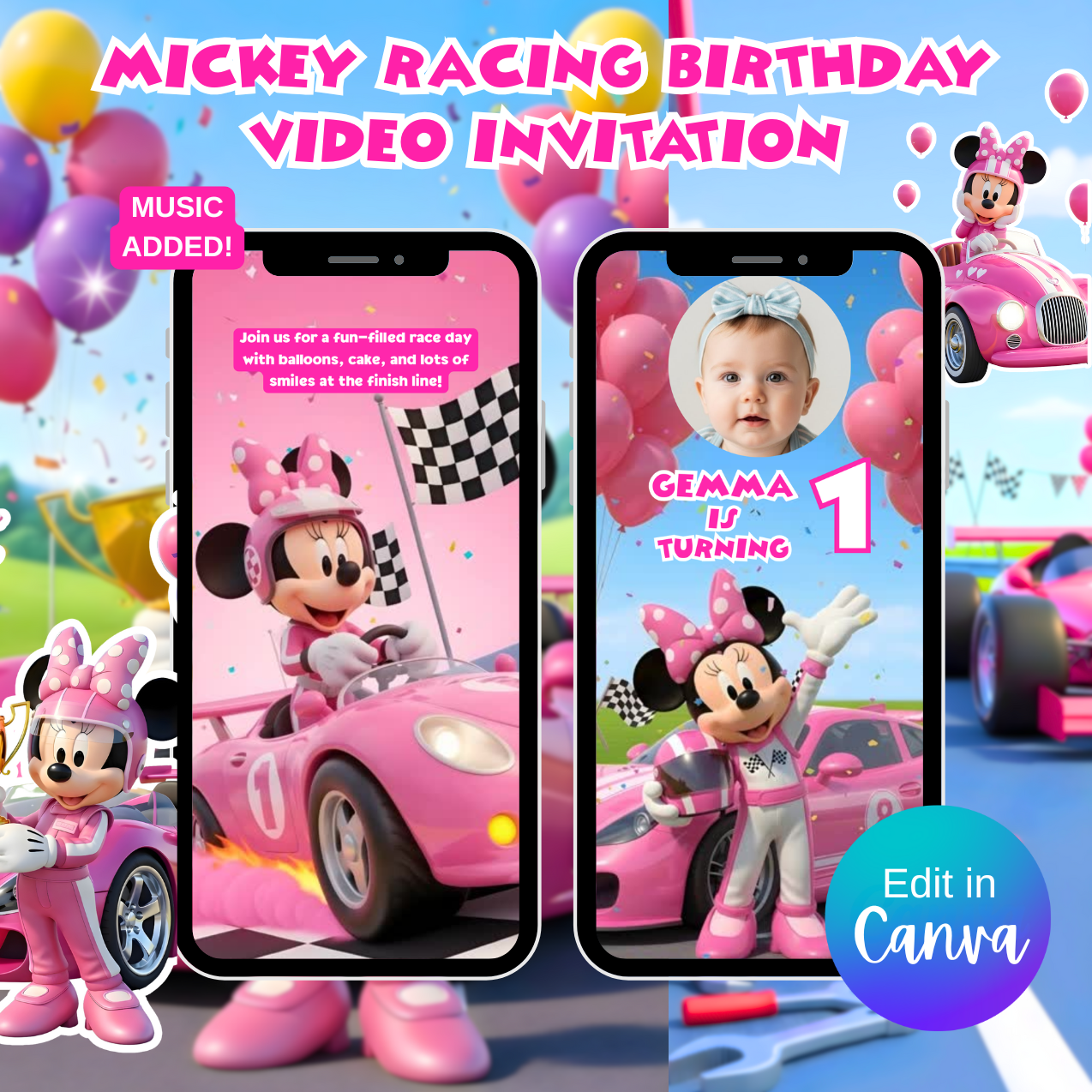 Pink Minnie Mouse Racing Birthday Video Invitation
