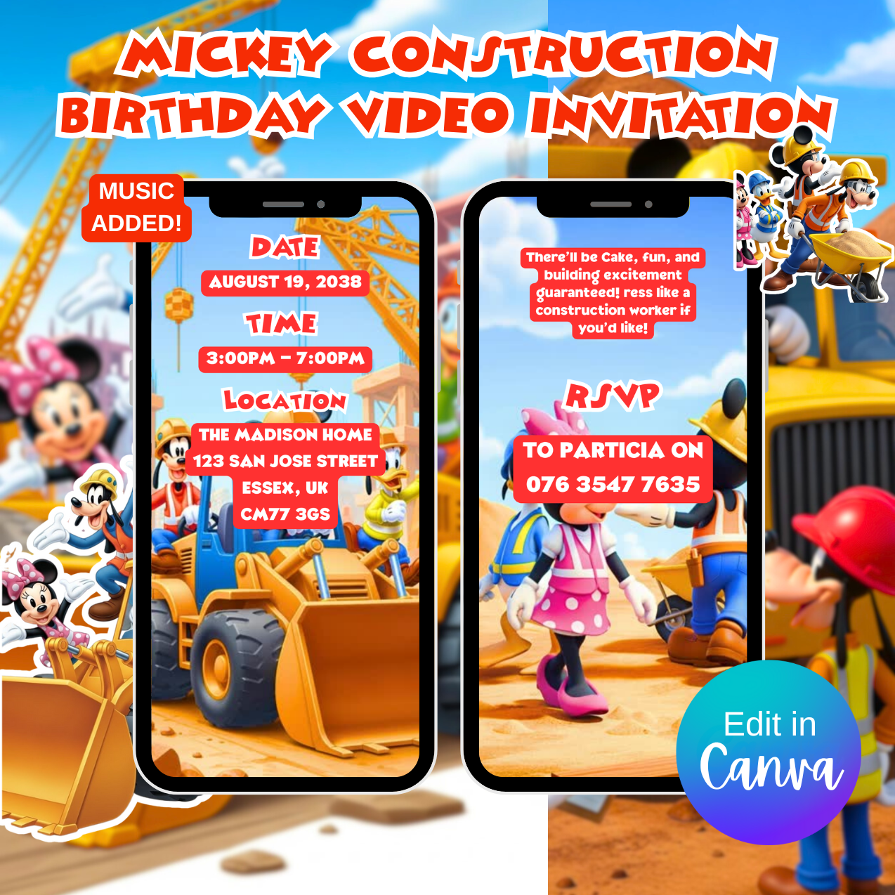 Mickey Construction Birthday Video Invitation