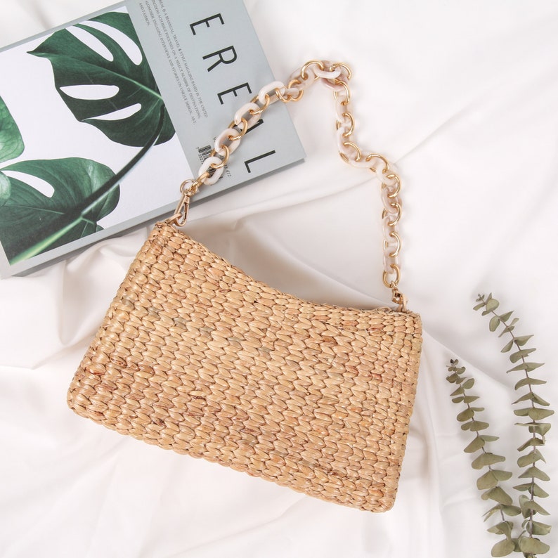 Baguette Bag, Woven Straw Bag Removable Chain Strap For Customise Wear Crossbody or Shoulder Style, Natural Rattan Handbag, Wicker Purse