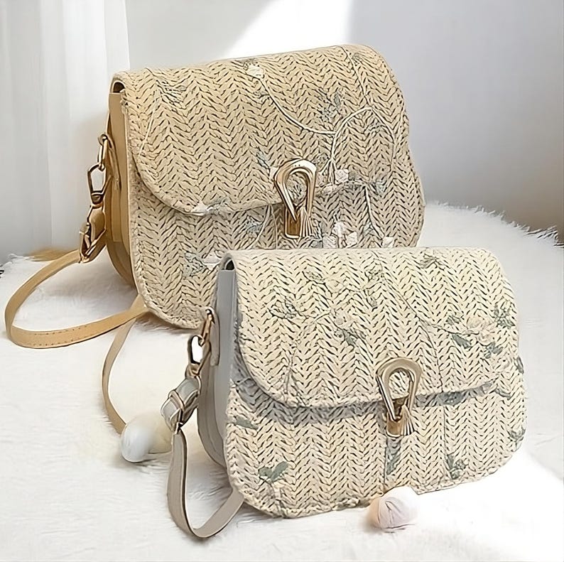 Handmade Woven Straw Saddle Bag: Embroidered Boho Crossbody Purse