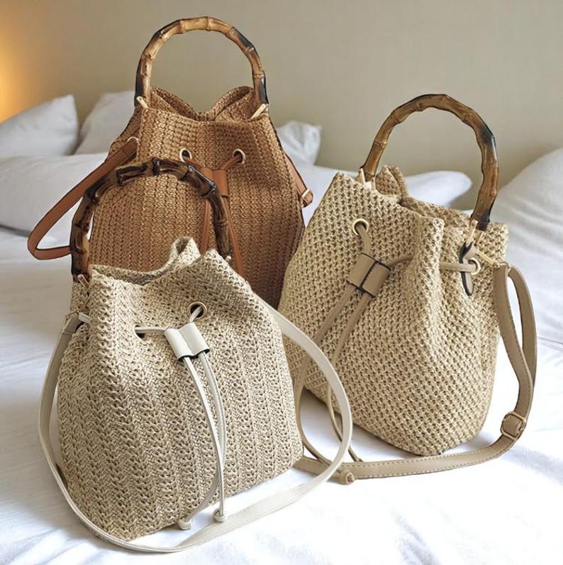 Woven Straw Bucket Bag: Handmade Boho Bamboo Handle Crossbody Purse