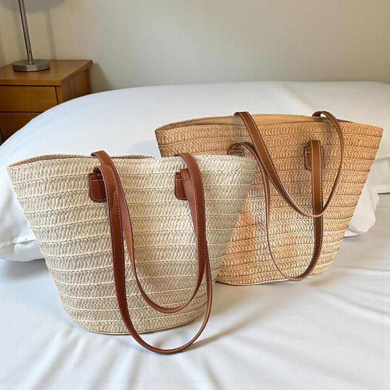 Straw Woven Tote Bag: Handmade Large Boho Beach Handbag with Faux Leather Straps