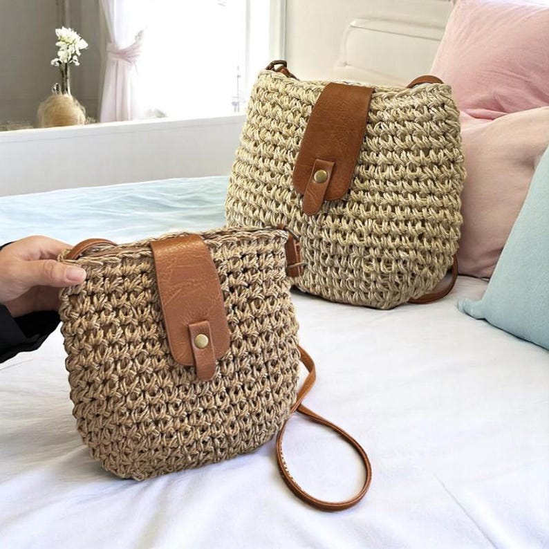 Boho Woven Straw Crossbody Bag: Handmade Summer Beach Purse with Faux Leather Strap