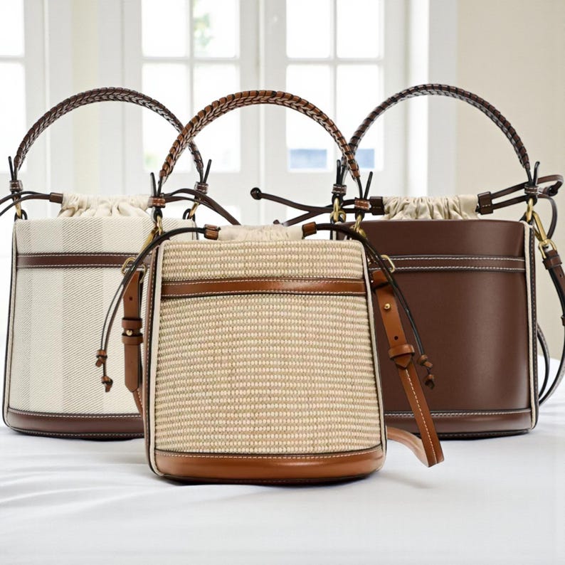 Handmade Woven Straw Bucket Bag: Boho Beach Purse Drawstring Bag