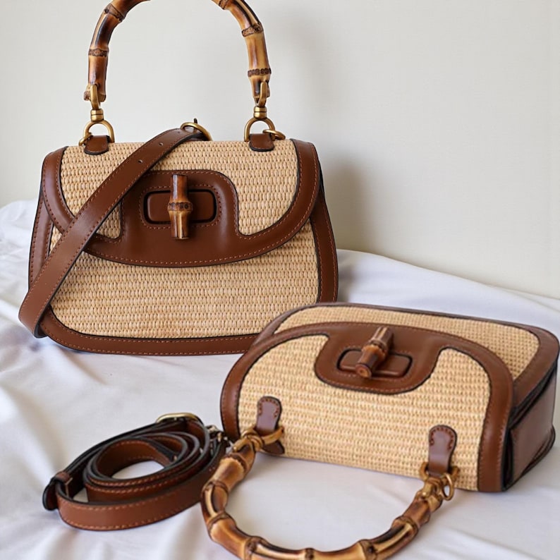 Woven Rattan Crossbody Bag with Bamboo Handle - Handmade Summer Women Handbag | Vintage Style Shoulder Bag