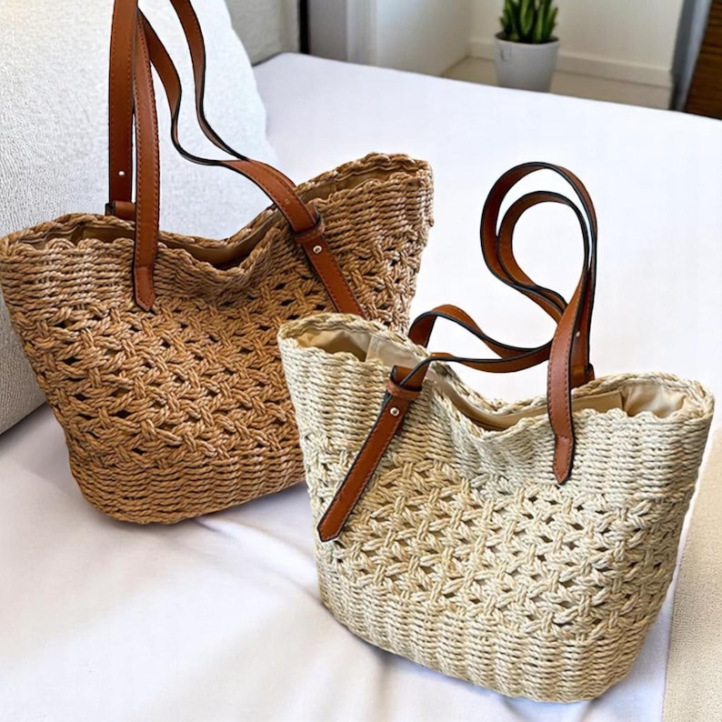 Summer Straw Beach Tote Bag | Handwoven Rattan Purse | Hollow Out Woven Basket Bag | Vacation Shoulder Bag for Women