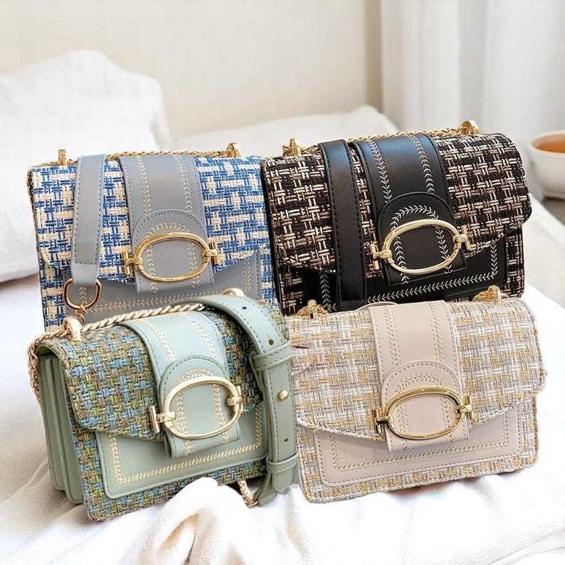 Handmade Tweed Crossbody Bag: Elegant Plaid Satchel with Gold Buckle