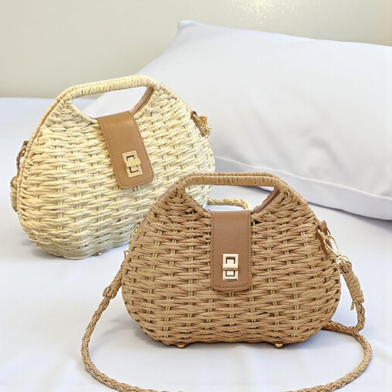 Straw Rattan Crossbody Bag: Handmade Woven Handbag with Handle | Summer Beach Shoulder Bag