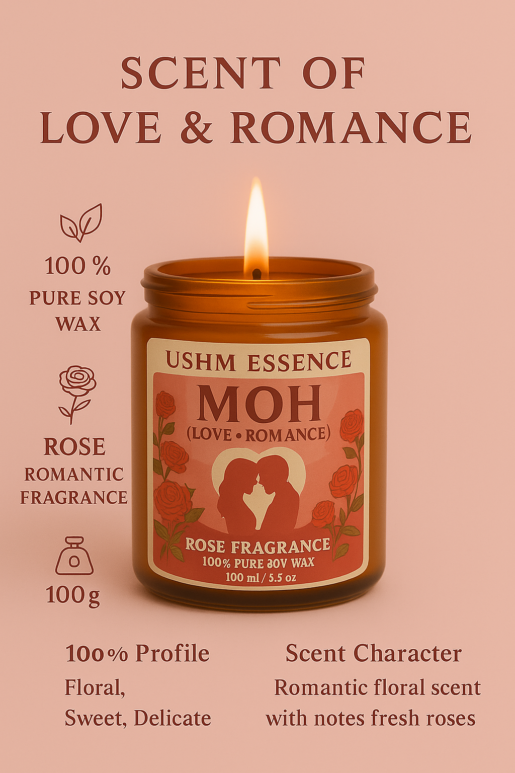 MOH – Premium Rose Scented Candle for Love & Romance | Ushm Essence