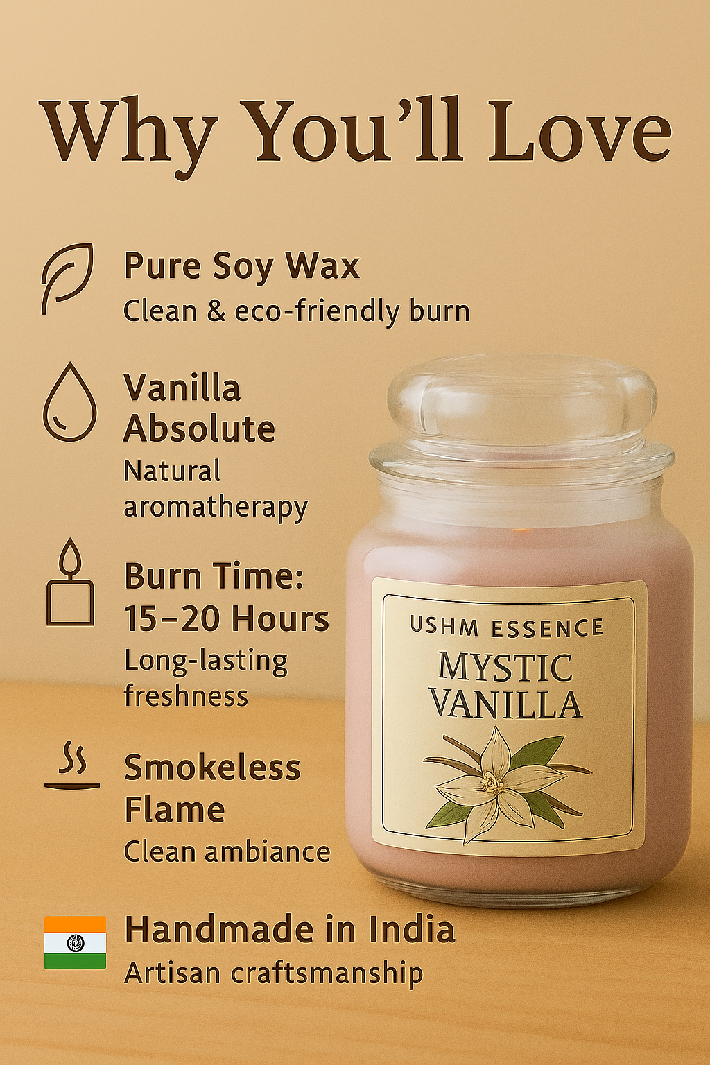 Mystic Vanilla – Warm Aromatherapy Scented Candle | Ushm Essence