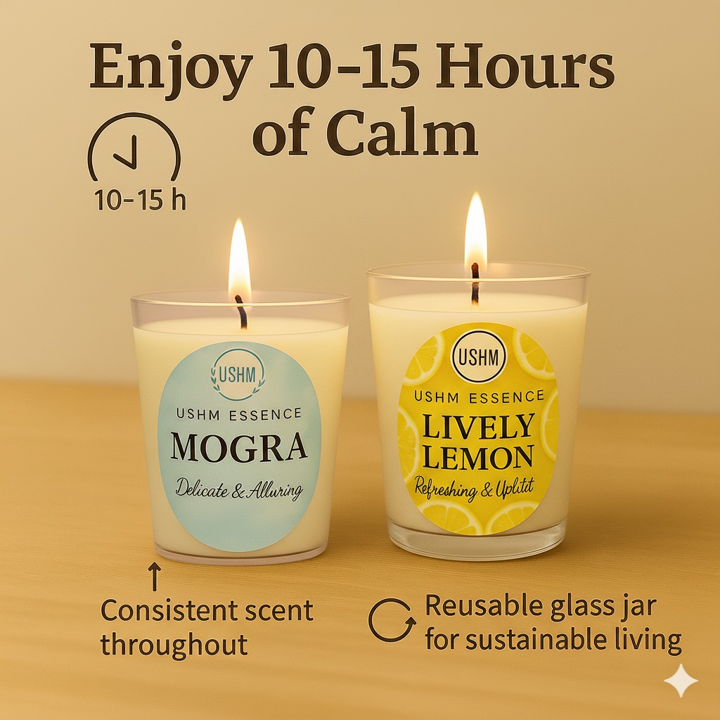 Mogra & Lively Lemon Aromatherapy Candle Set | Calming Bliss & Uplifting Energy | 10–15 Hour Burn