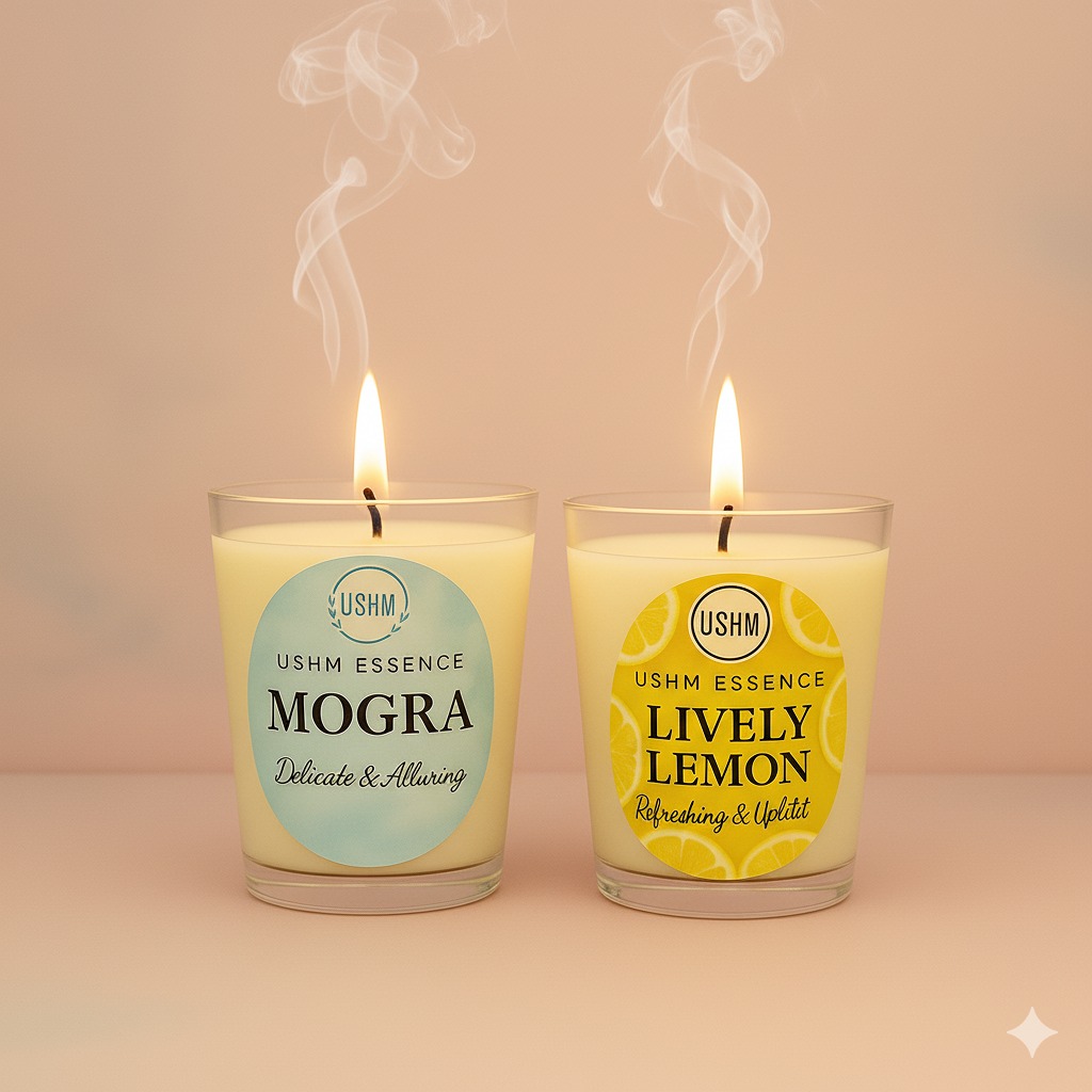 Mogra & Lively Lemon Aromatherapy Candle Set | Calming Bliss & Uplifting Energy | 10–15 Hour Burn