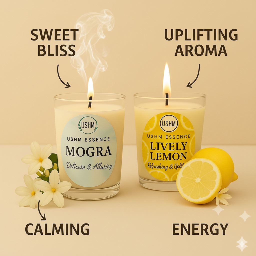 Mogra & Lively Lemon Aromatherapy Candle Set | Calming Bliss & Uplifting Energy | 10–15 Hour Burn